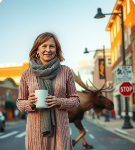 Amanda from Alaska cozy mystery series is standing near a crosswalk as a moose is crossing.